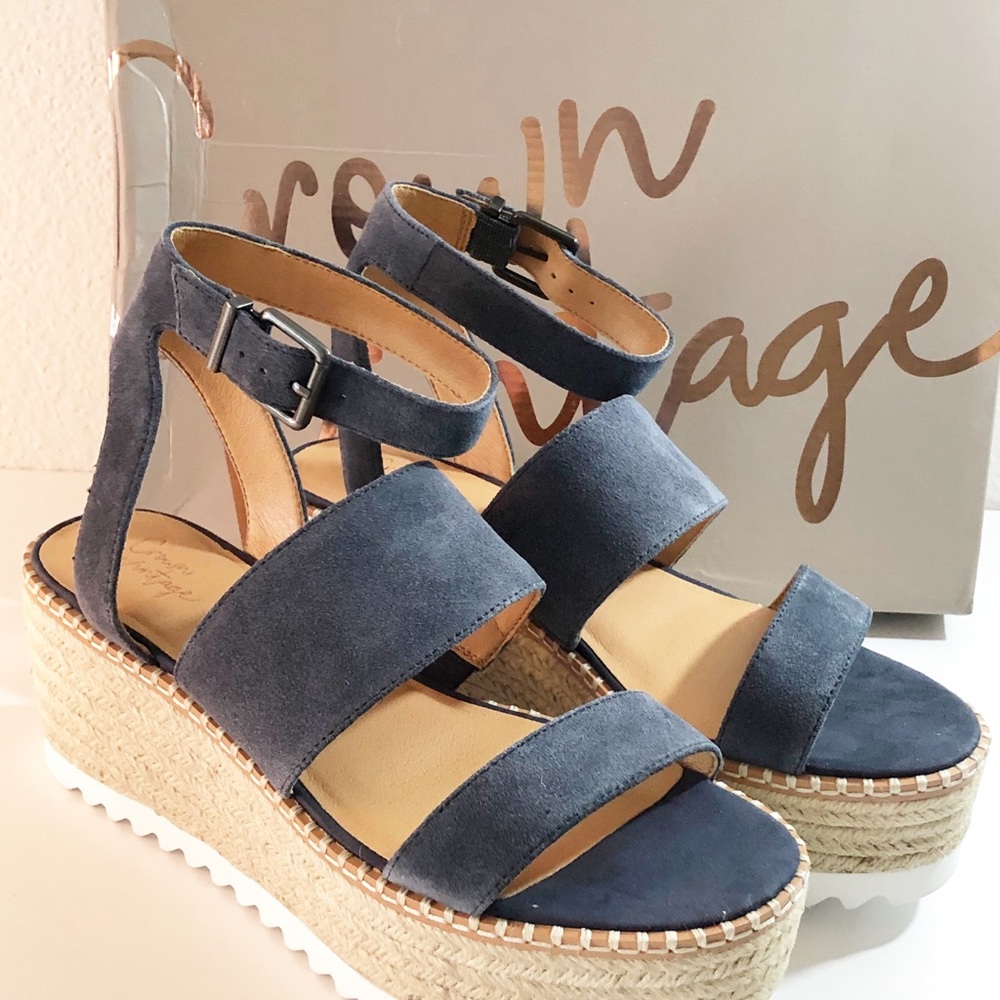 CROWN VILLAGE Wedge Blue Suede Ankle-Strap Sandals